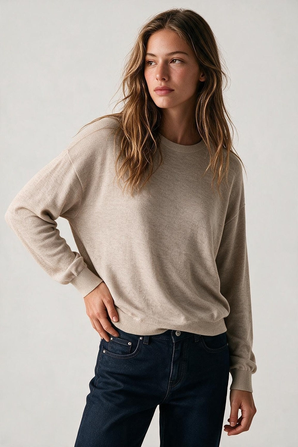 Merino Wool Blend Fine Knit Crew Neck Sweater in fango color