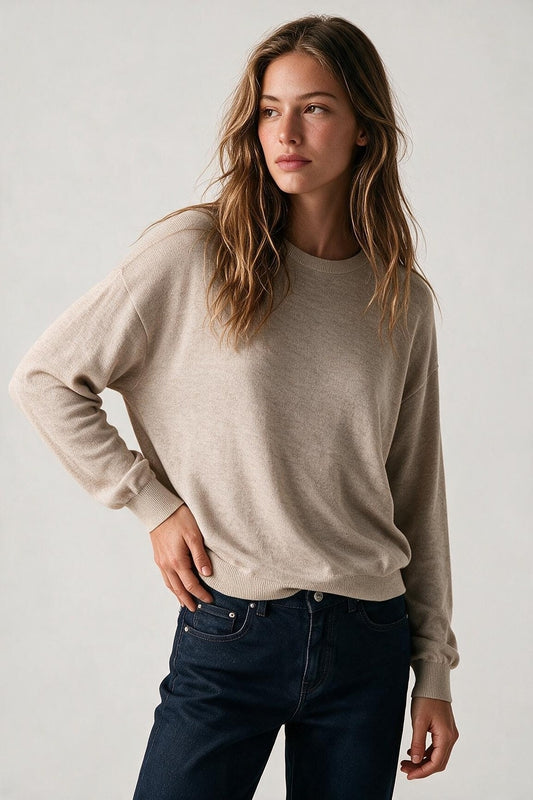 Merino Wool Blend Fine Knit Crew Neck Sweater in fango color - Jumpers