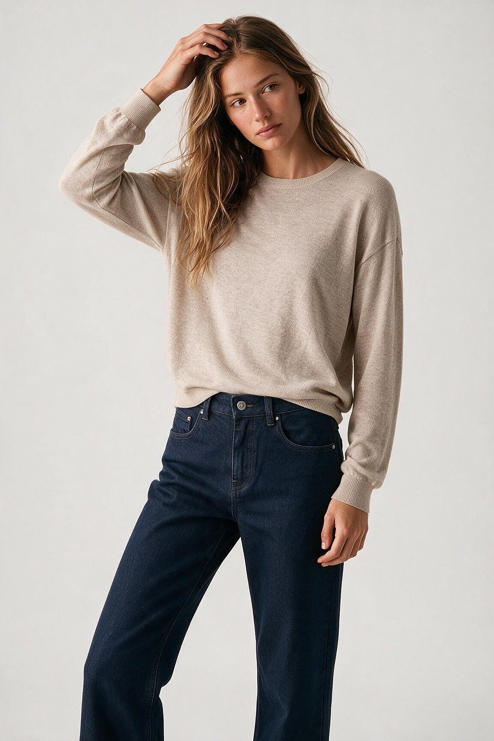 Merino Wool Blend Fine Knit Crew Neck Sweater in fango color - Jumpers