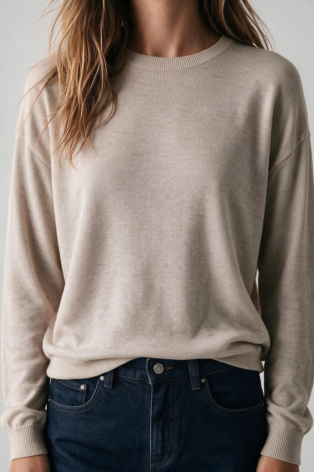 Merino Wool Blend Fine Knit Crew Neck Sweater in fango color - Jumpers