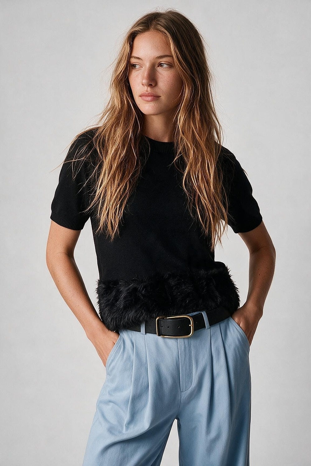 Black Soft Knit Faux Fur Hem Short Sleeve Sweater - Tops
