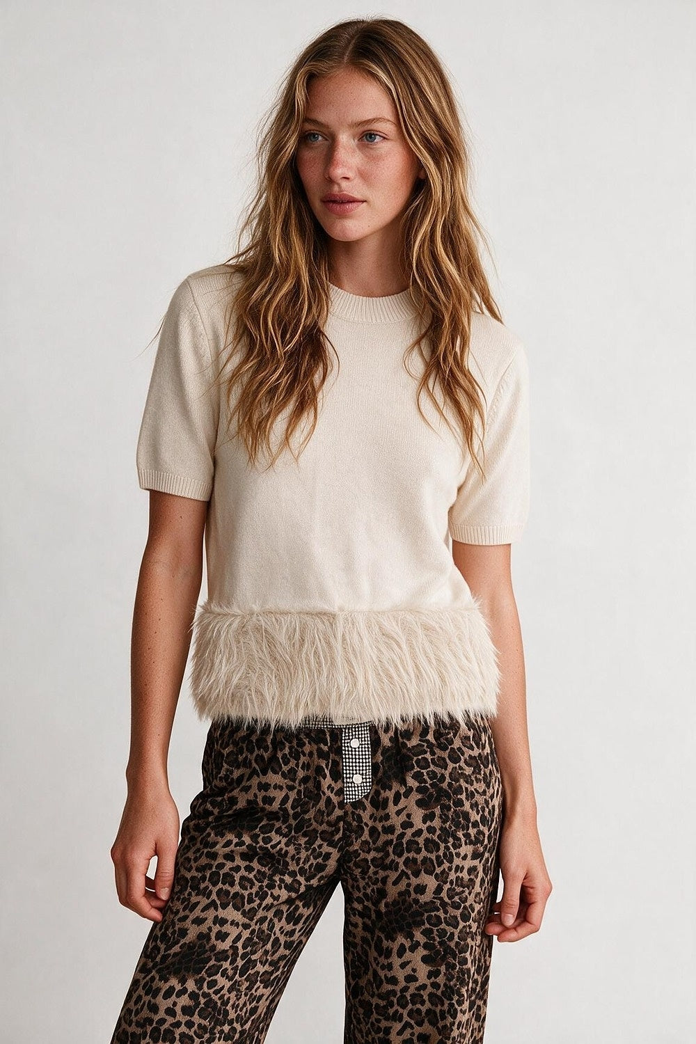 Cream Fine Knit Ribbed Crew Neck Fringe Hem Sweater