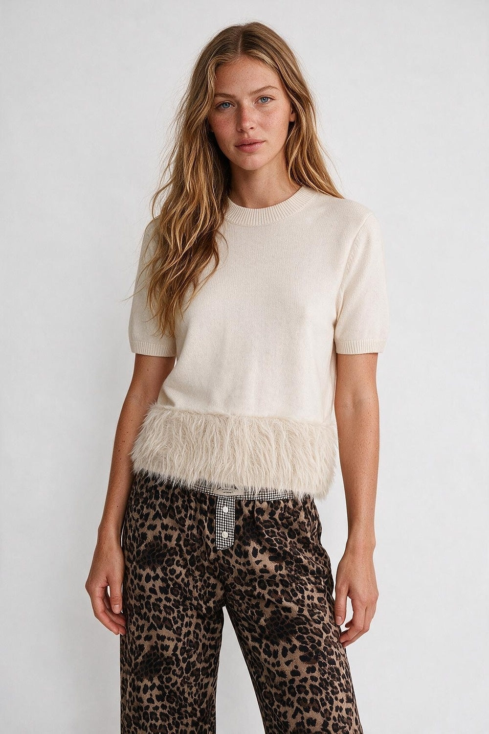 Cream Fine Knit Ribbed Crew Neck Fringe Hem Sweater - Tops