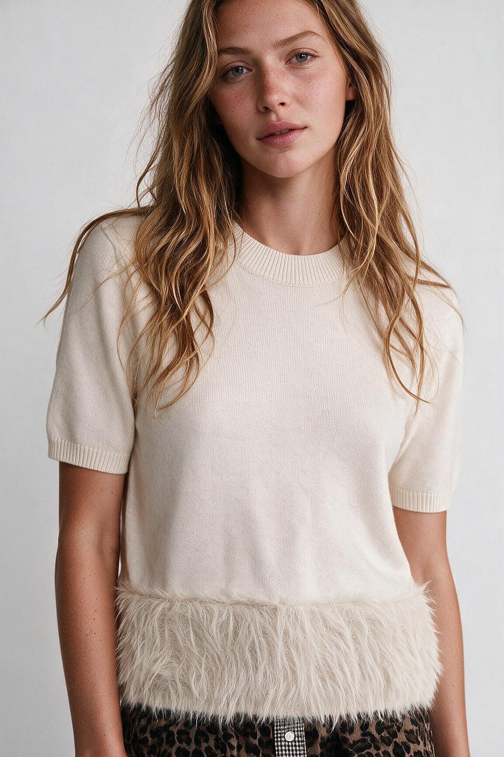 Cream Fine Knit Ribbed Crew Neck Fringe Hem Sweater - Tops