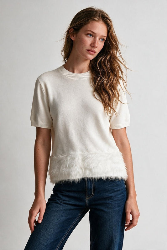 White Fine Knit Ribbed Crew Neck Faux Fur Hem Sweater - Tops