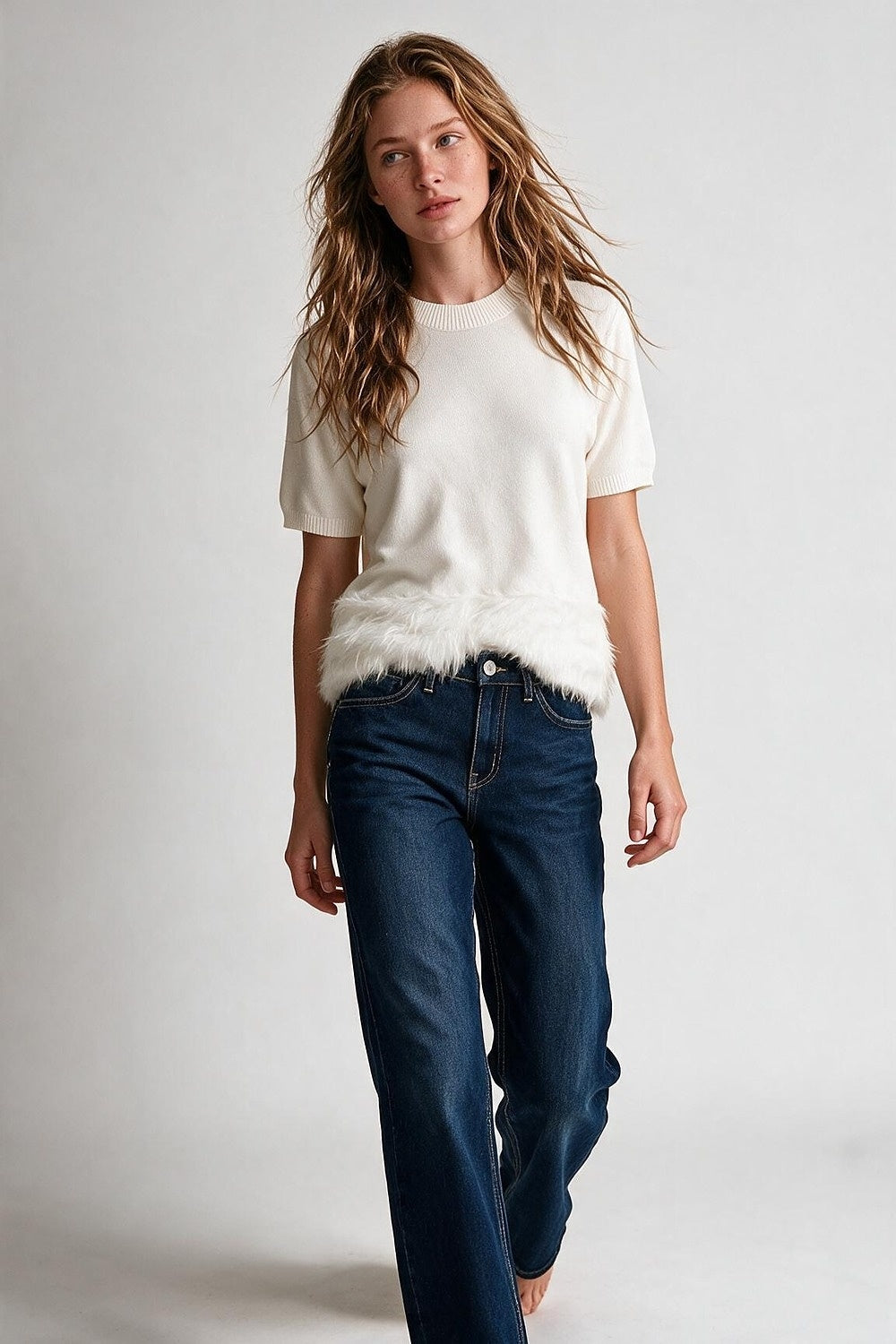 White Fine Knit Ribbed Crew Neck Faux Fur Hem Sweater - Tops