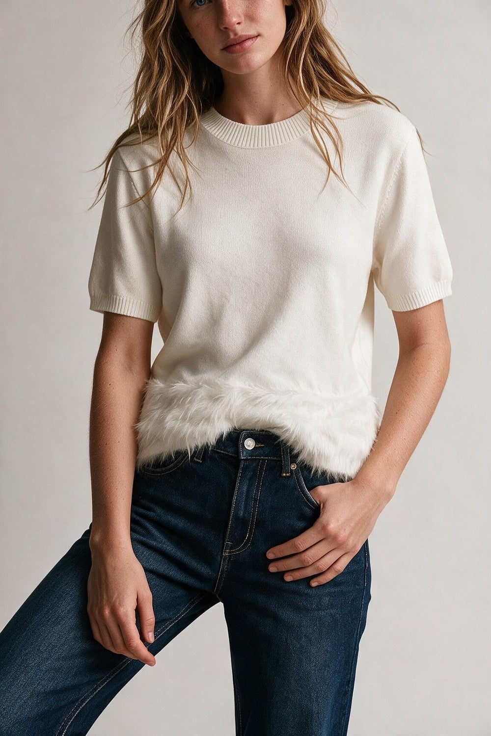 White Fine Knit Ribbed Crew Neck Faux Fur Hem Sweater - Tops