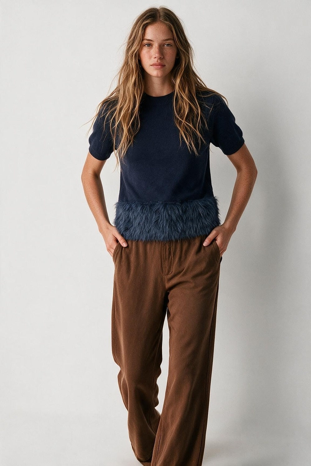 Navy Soft Knit Faux Fur Hem Short Sleeve Sweater - Tops