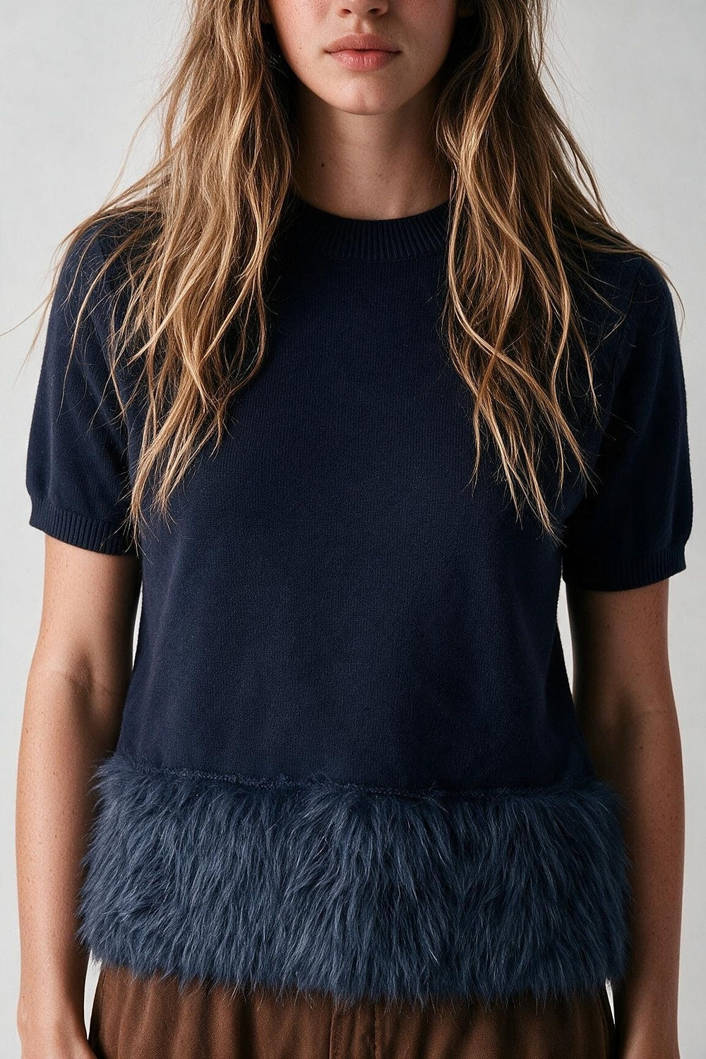 Navy Soft Knit Faux Fur Hem Short Sleeve Sweater - Tops