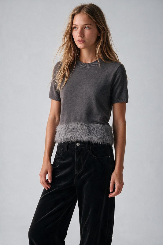 Grey Fine Knit Feather Hem Short Sleeve Sweater - Tops