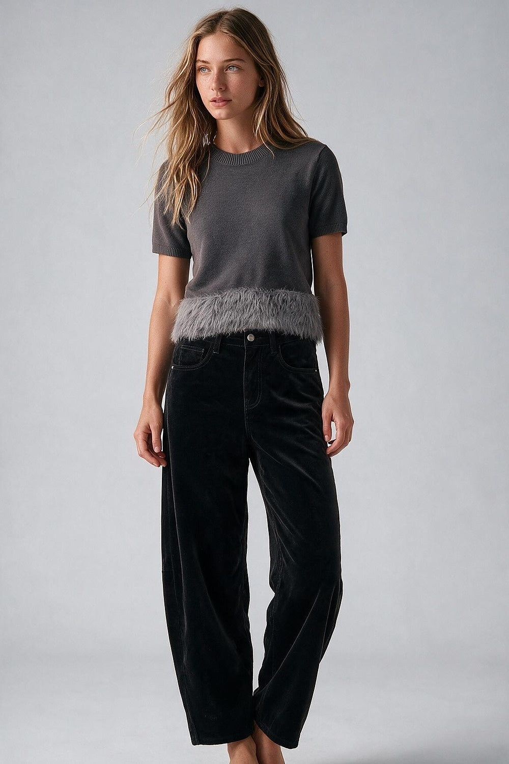 Grey Fine Knit Feather Hem Short Sleeve Sweater - Tops
