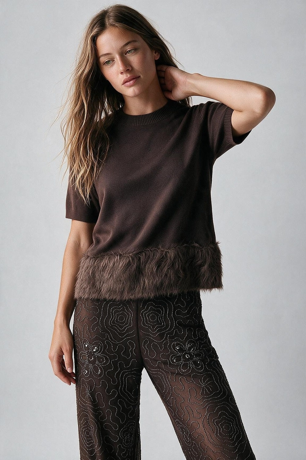 Brown Fine Knit Faux Fur Hem Short Sleeve Sweater - Tops