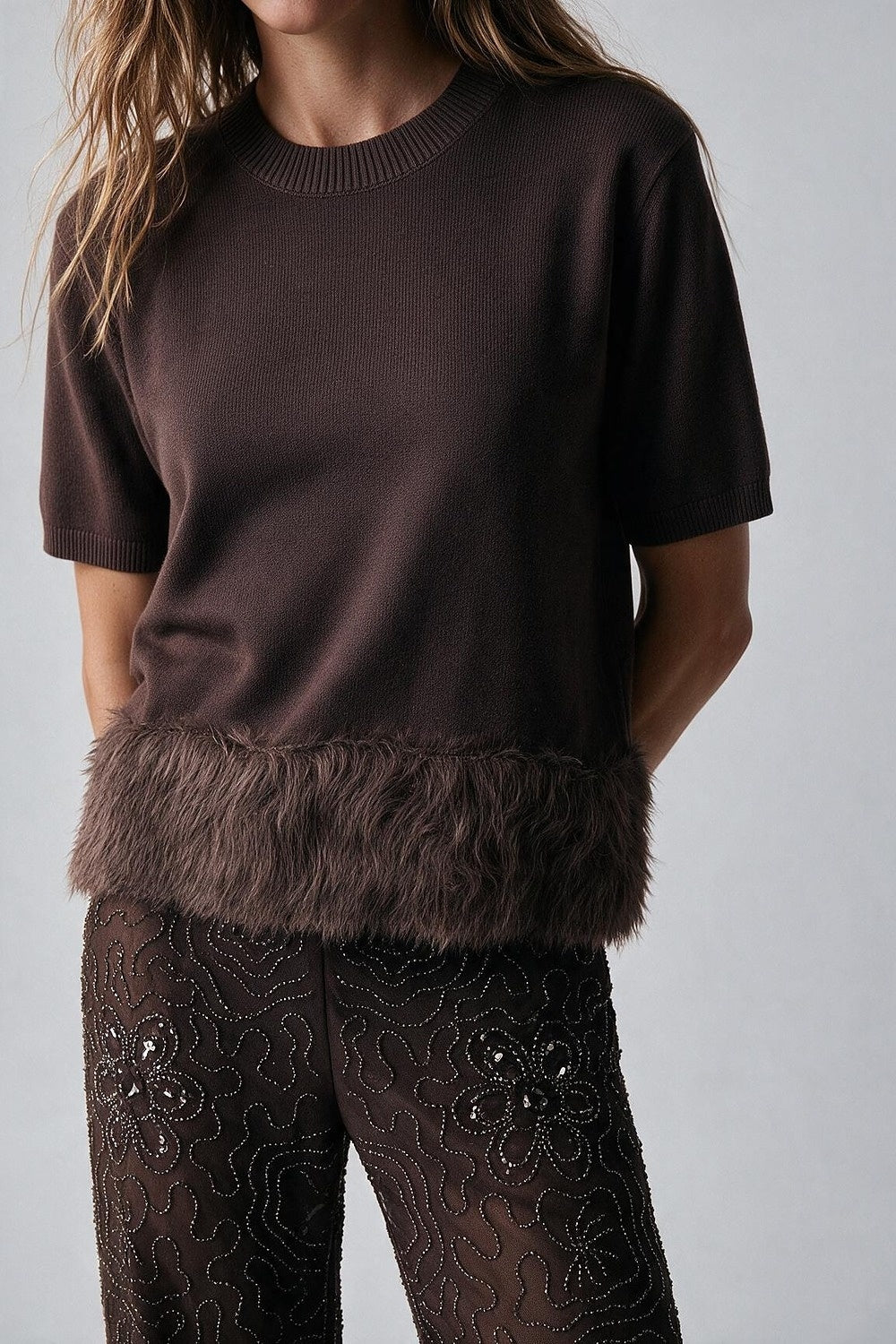 Brown Fine Knit Faux Fur Hem Short Sleeve Sweater - Tops