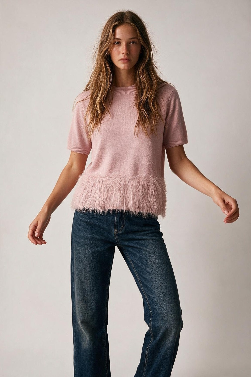 Light Pink Fine Knit Fringe Hem Short Sleeve Sweater