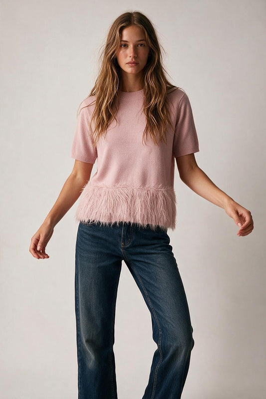 Light Pink Fine Knit Fringe Hem Short Sleeve Sweater - Tops