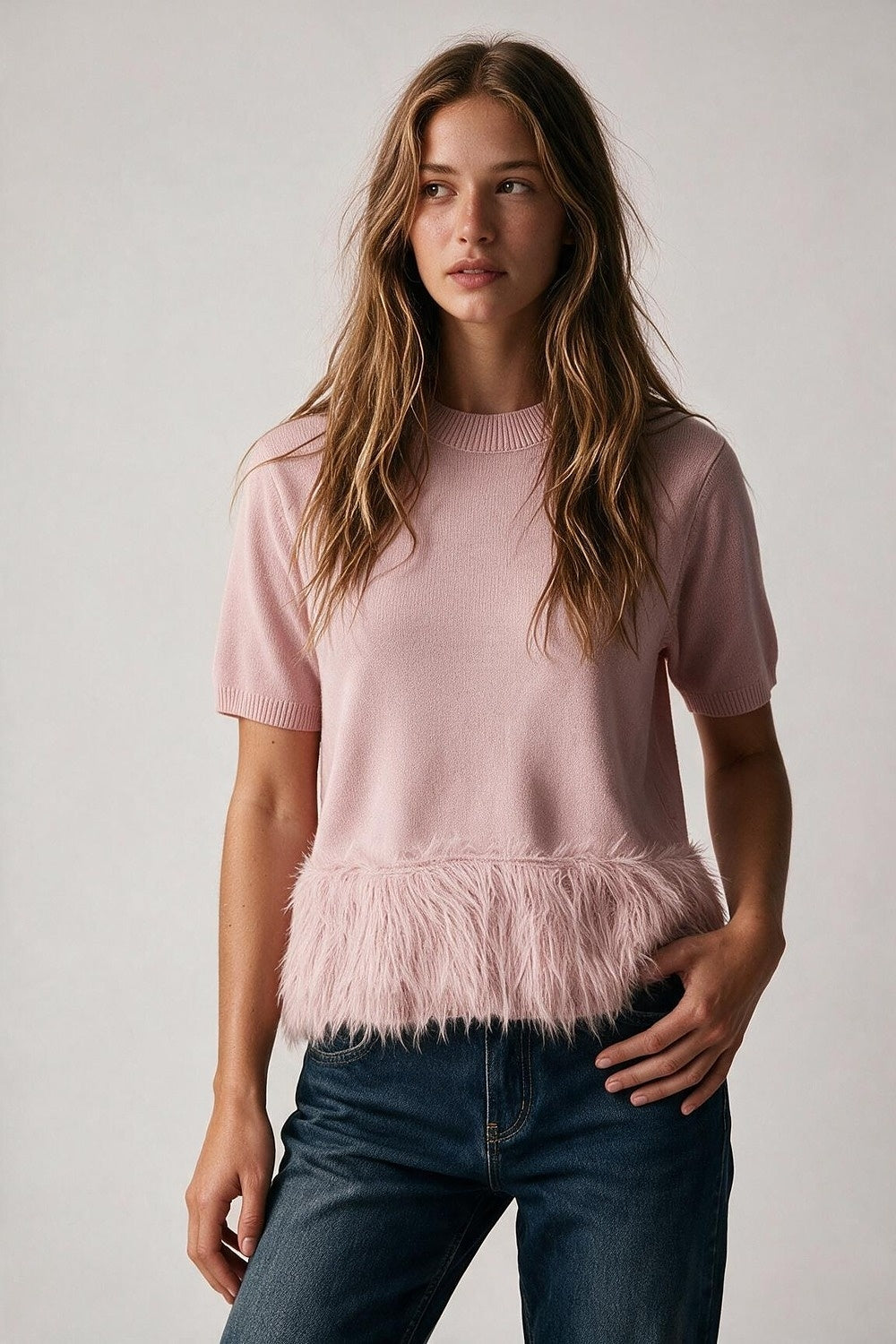 Light Pink Fine Knit Fringe Hem Short Sleeve Sweater - Tops