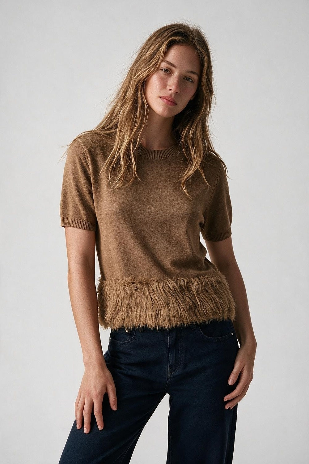 Camel Fine Knit Fringe Hem Short Sleeve Sweater
