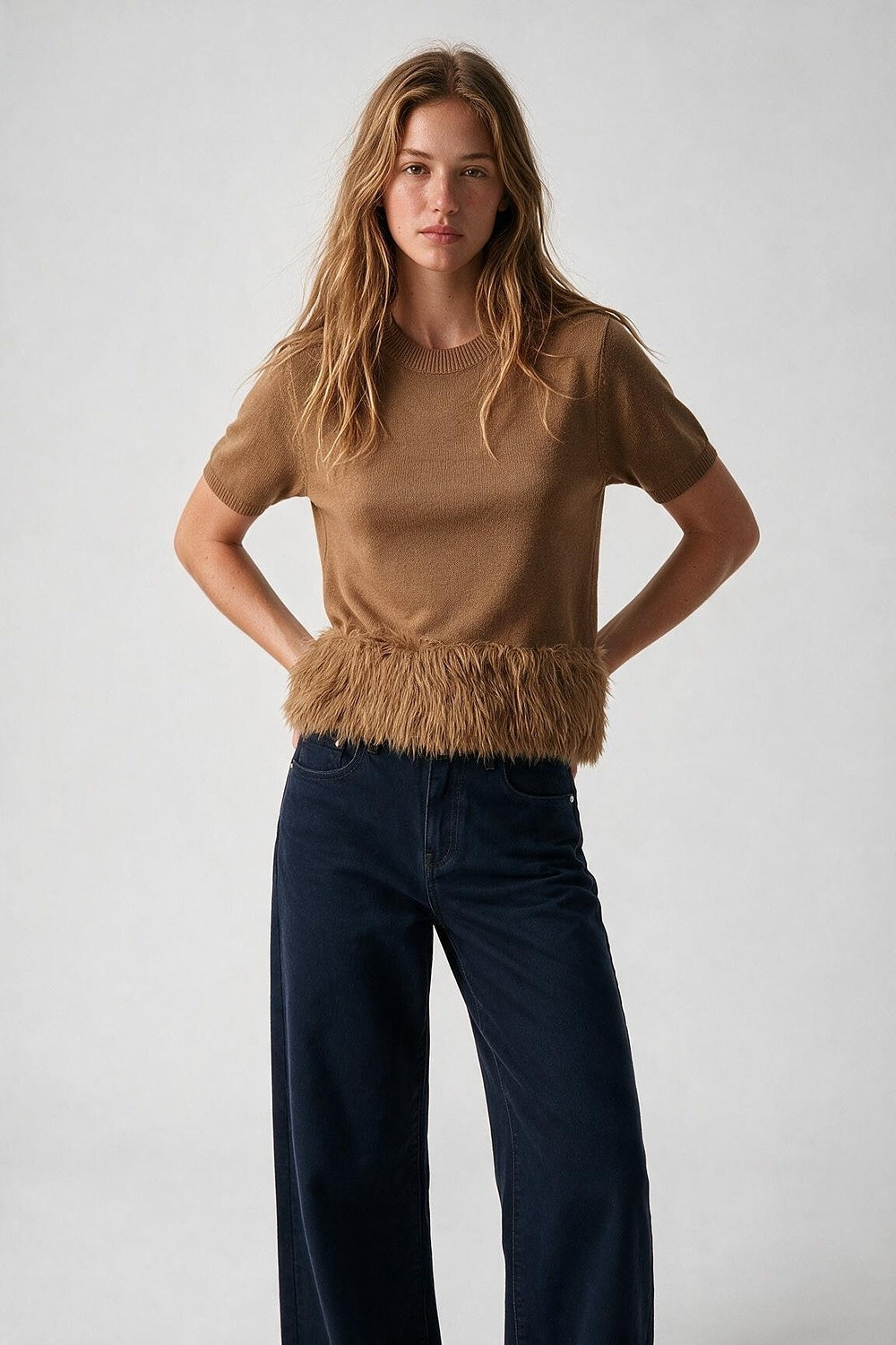 Camel Fine Knit Fringe Hem Short Sleeve Sweater - Tops