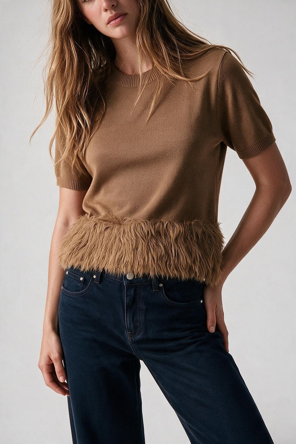 Camel Fine Knit Fringe Hem Short Sleeve Sweater - Tops