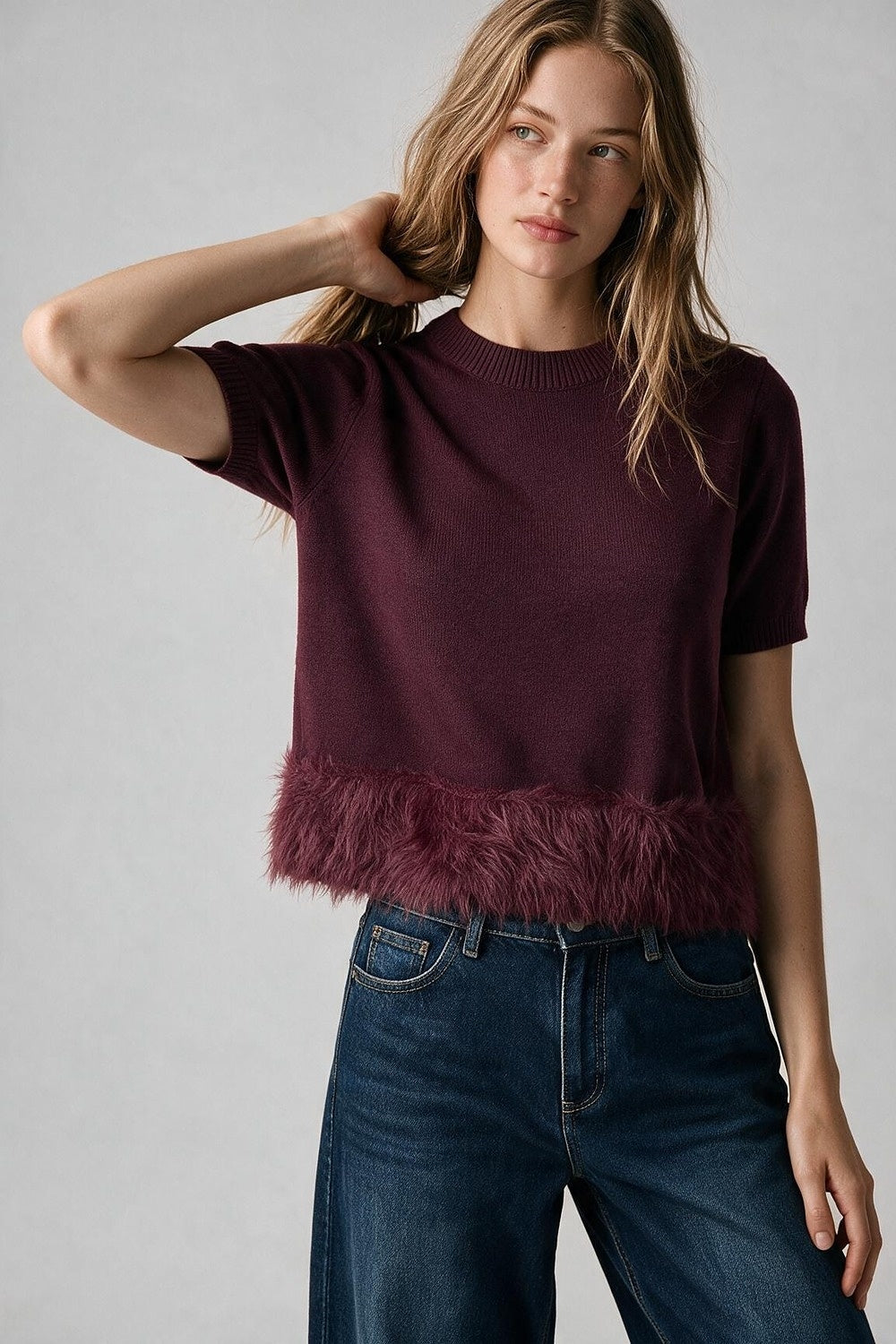 Burgundy Fine Knit Feather Hem Short Sleeve Sweater - Tops