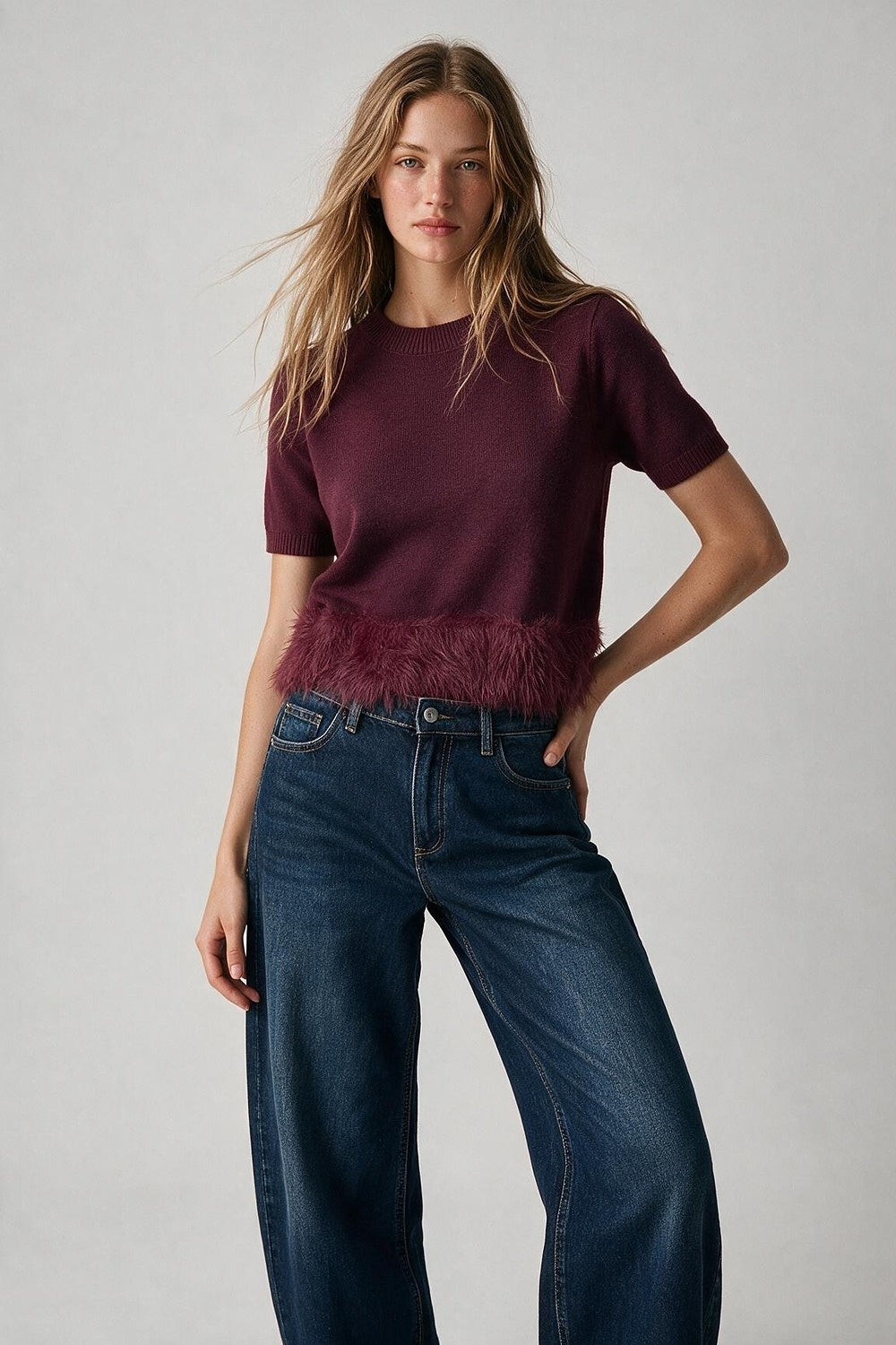 Burgundy Fine Knit Feather Hem Short Sleeve Sweater - Tops