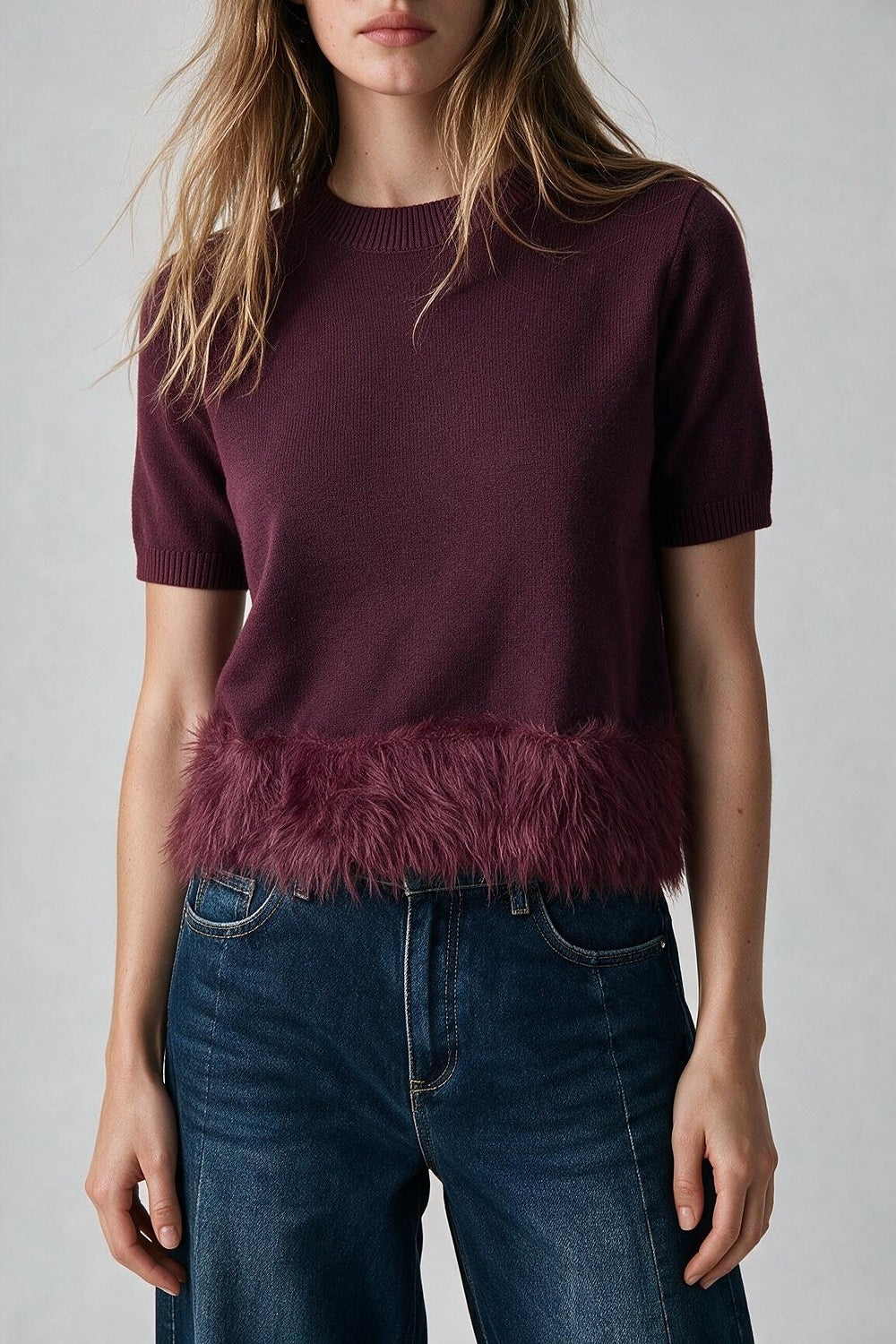 Burgundy Fine Knit Feather Hem Short Sleeve Sweater - Tops