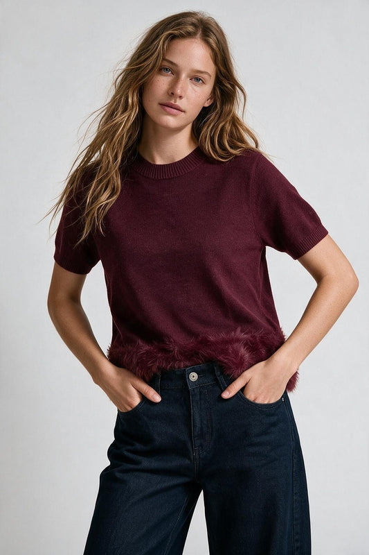 Wine Soft Knit Short Sleeve Faux Fur Hem Sweater - Tops