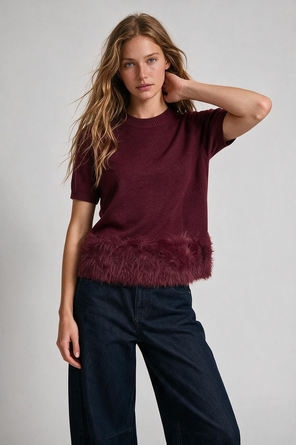 Wine Soft Knit Short Sleeve Faux Fur Hem Sweater - Tops