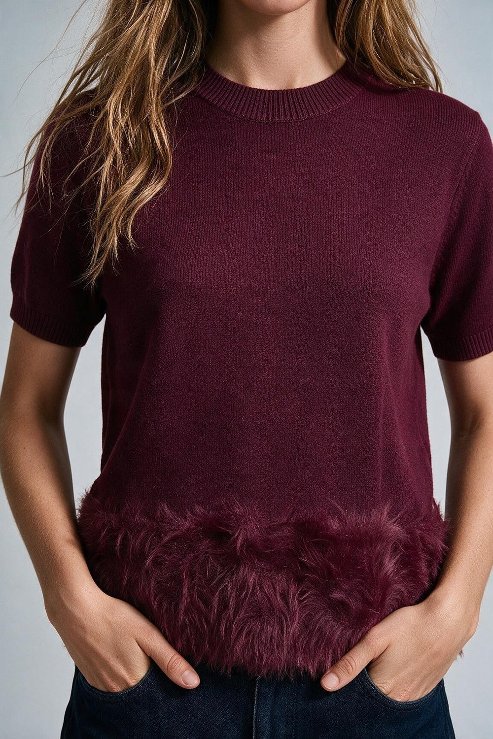 Wine Soft Knit Short Sleeve Faux Fur Hem Sweater - Tops