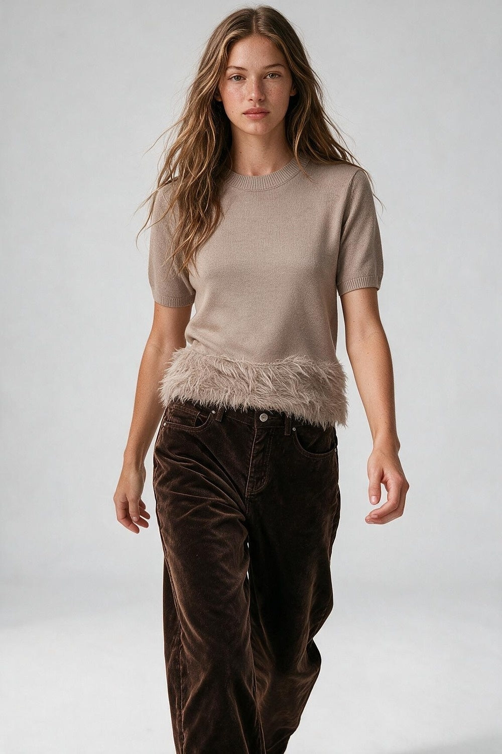 Beige Fine Knit Feather Hem Ribbed Crew Neck Sweater - Tops
