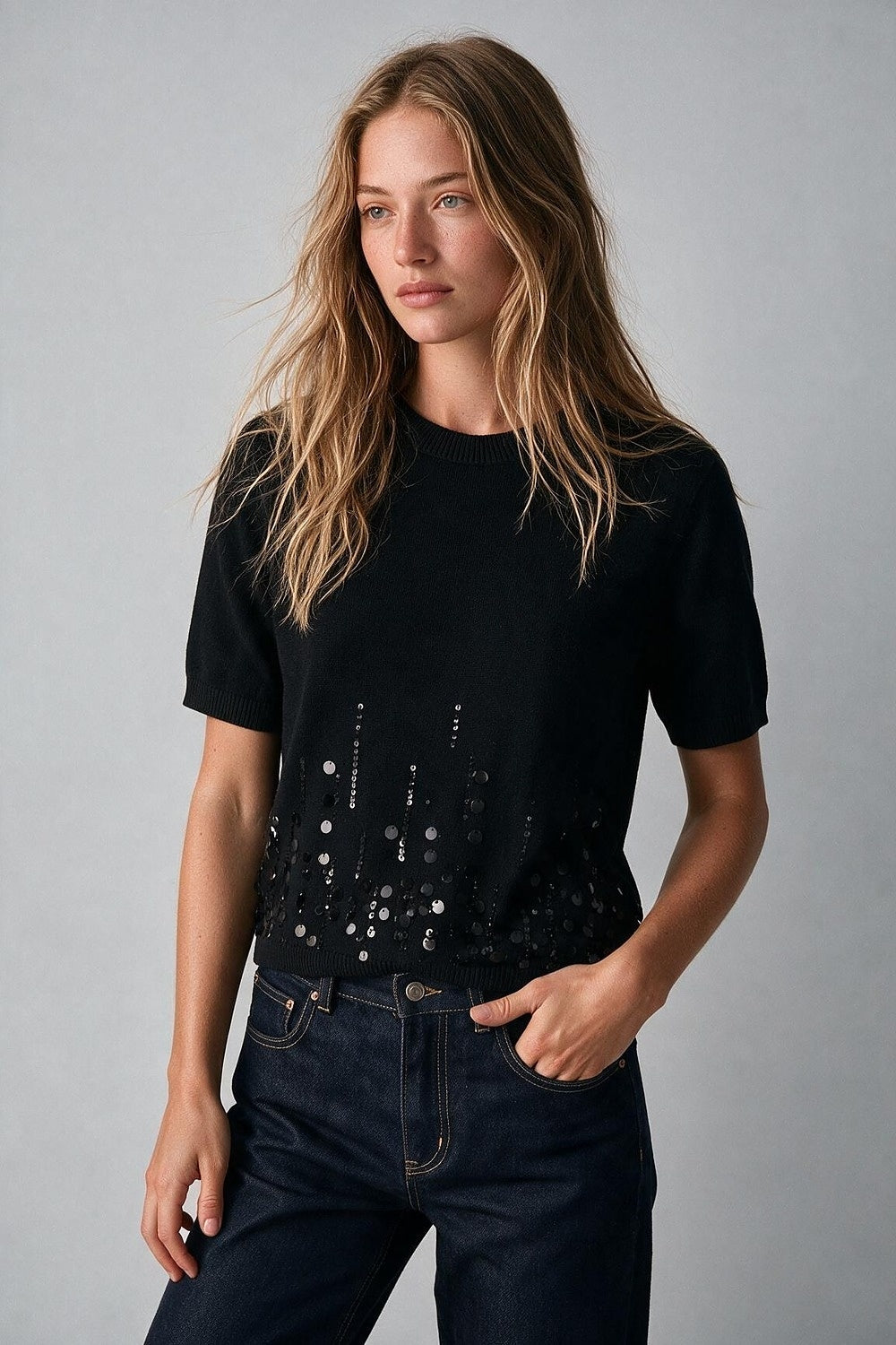 Black Knit Short Sleeve Top with Embellished Hem - Tops