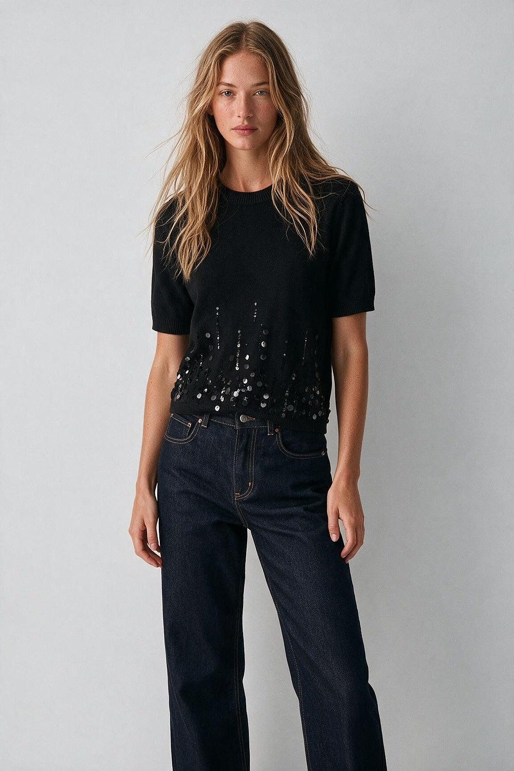 Black Knit Short Sleeve Top with Embellished Hem - Tops