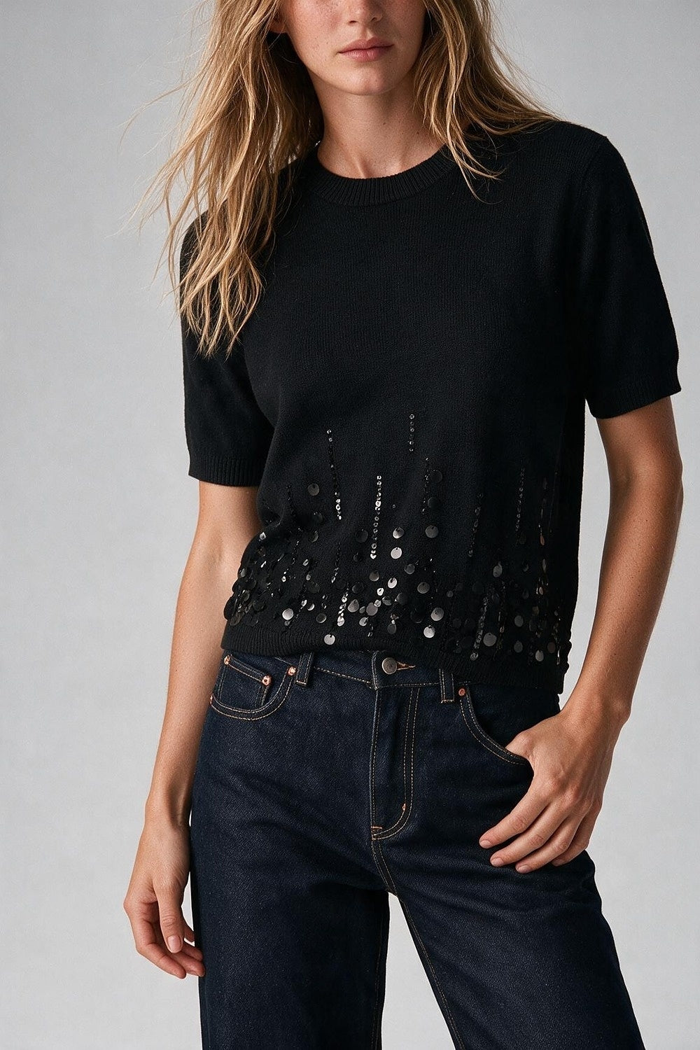 Black Knit Short Sleeve Top with Embellished Hem - Tops