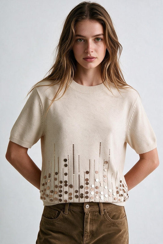 Beige Knit Short Sleeve Top with Embellished Hem - Tops