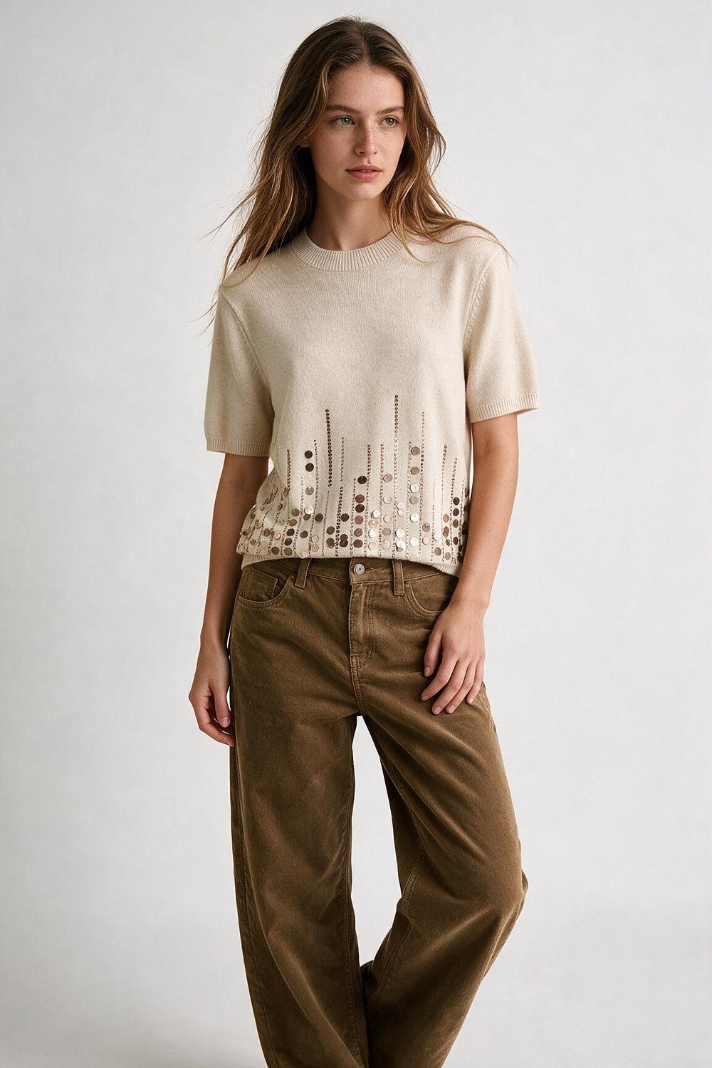 Beige Knit Short Sleeve Top with Embellished Hem - Tops