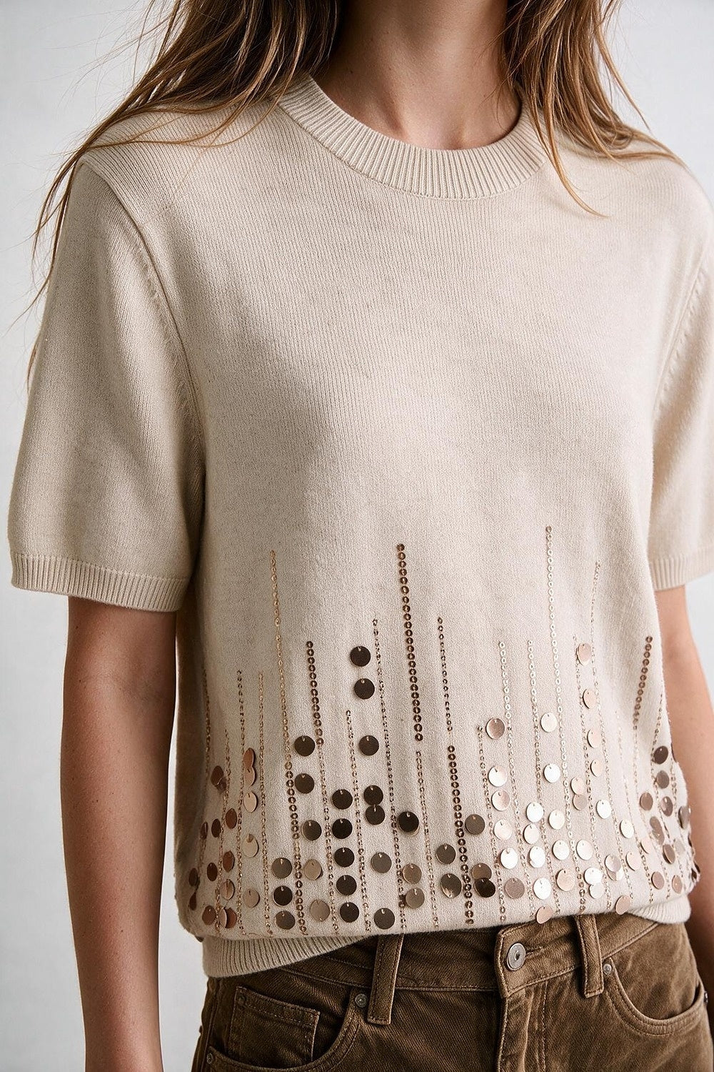 Beige Knit Short Sleeve Top with Embellished Hem - Tops