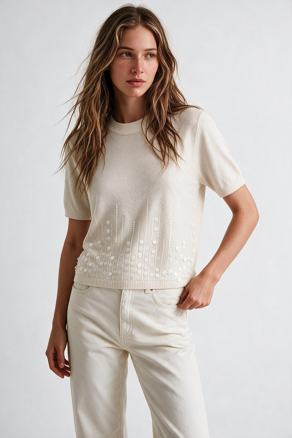 Cream Fine Knit Sequined Hem Short Sleeve Top - Tops