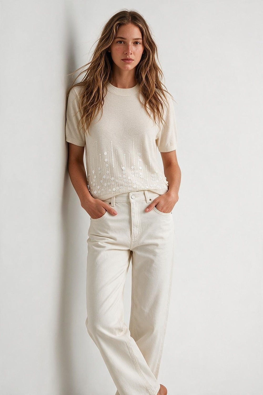 Cream Fine Knit Sequined Hem Short Sleeve Top - Tops