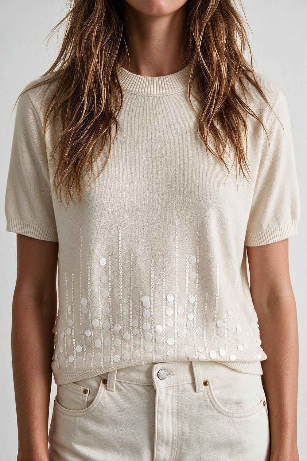 Cream Fine Knit Sequined Hem Short Sleeve Top - Tops