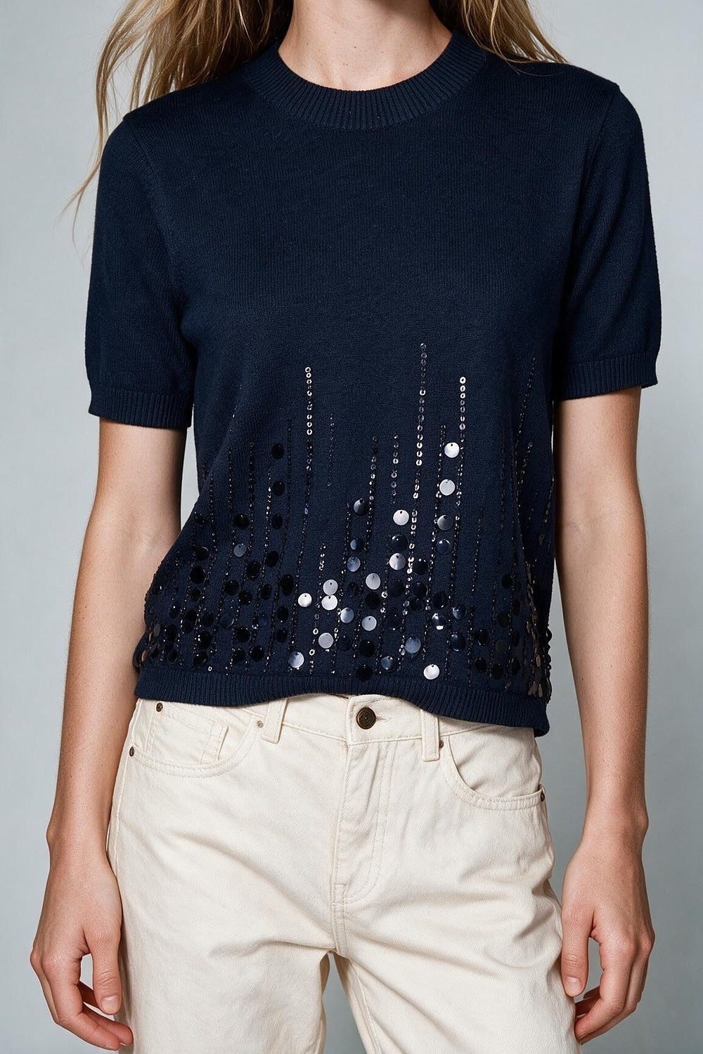 Navy Fine Knit Sequin Hem Short Sleeve Top - Tops