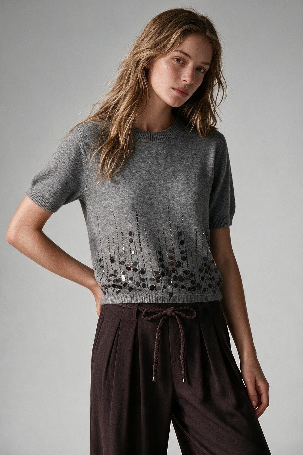 Grey Soft Knit Sequined Ribbed Crew Neck Top - Tops