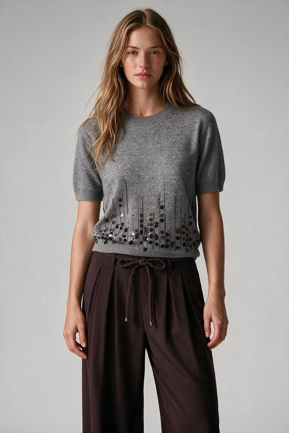 Grey Soft Knit Sequined Ribbed Crew Neck Top - Tops