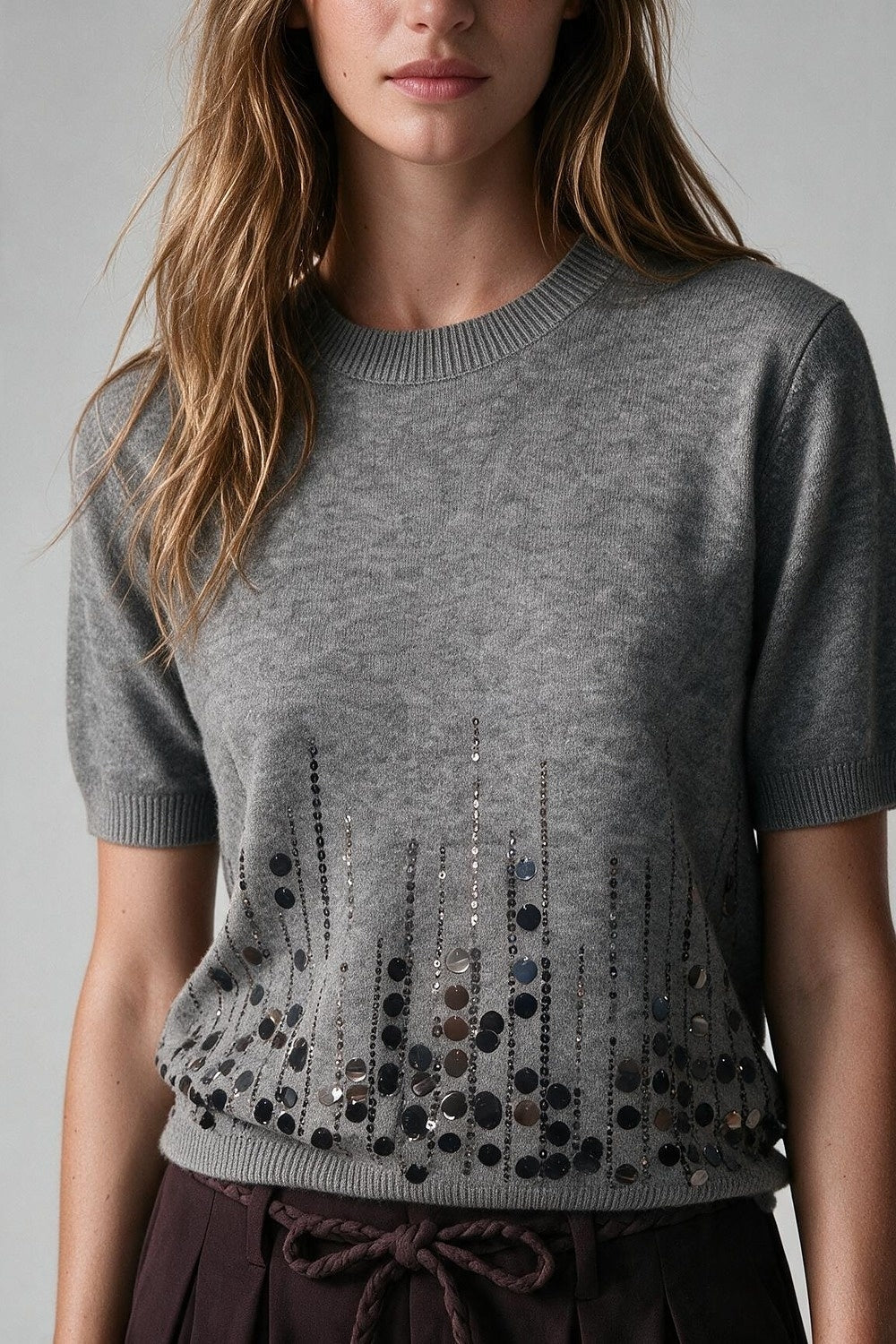Grey Soft Knit Sequined Ribbed Crew Neck Top - Tops