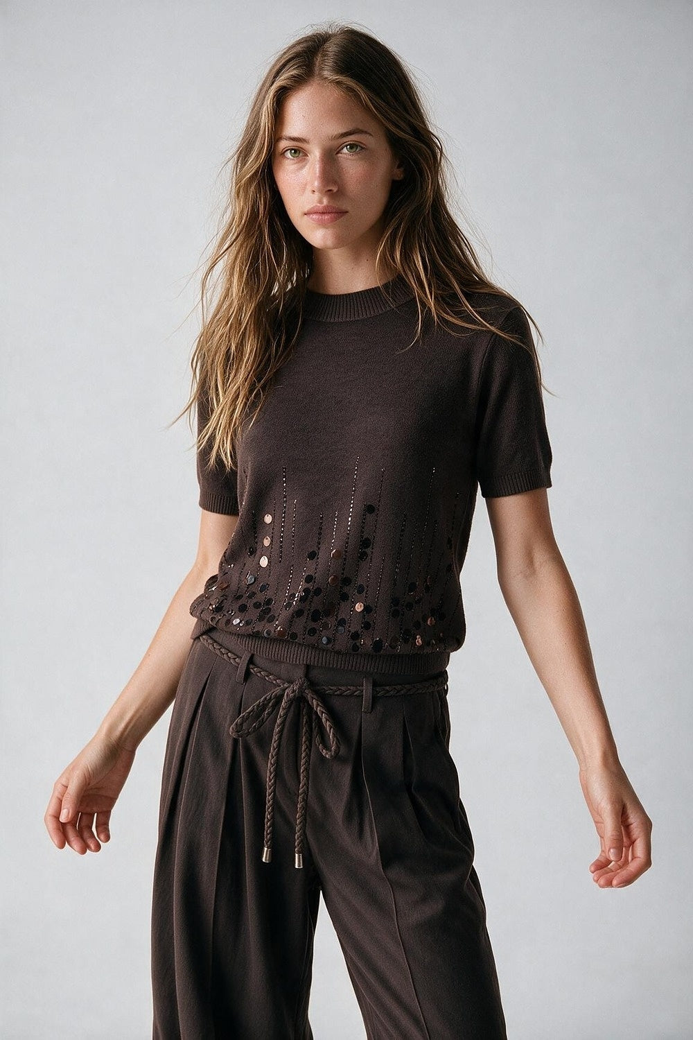 Brown Soft Knit Sequined Hem Short Sleeve Top - Tops