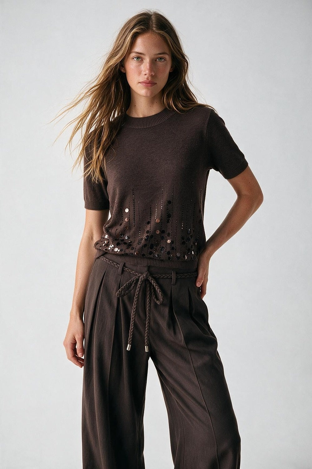Brown Soft Knit Sequined Hem Short Sleeve Top - Tops