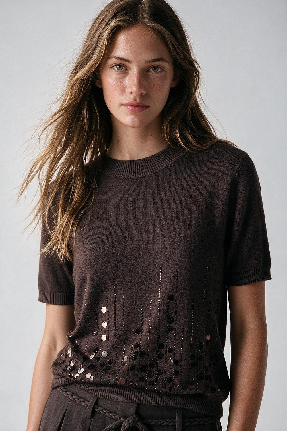 Brown Soft Knit Sequined Hem Short Sleeve Top - Tops