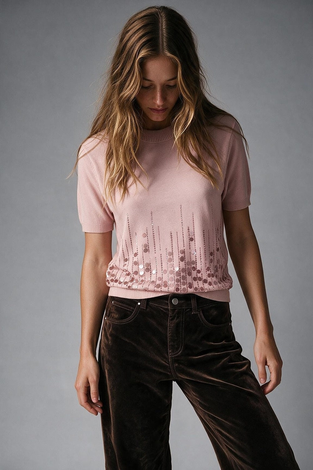 Light Pink Fine Knit Sequin Hem Short Sleeve Top - Tops