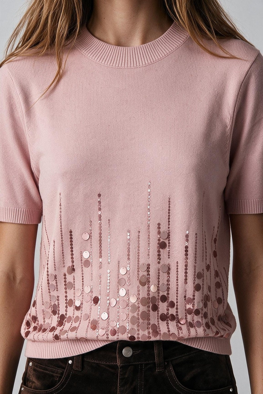 Light Pink Fine Knit Sequin Hem Short Sleeve Top - Tops