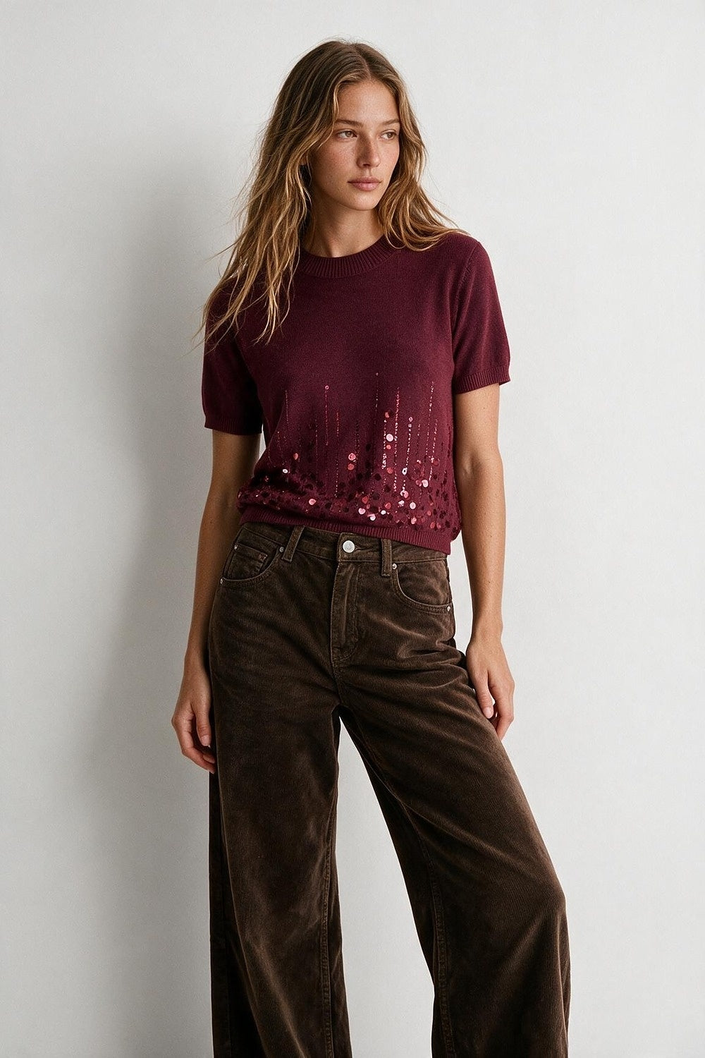 Burgundy Fine Knit Sequin Hem Short Sleeve Crew Neck Top - Tops