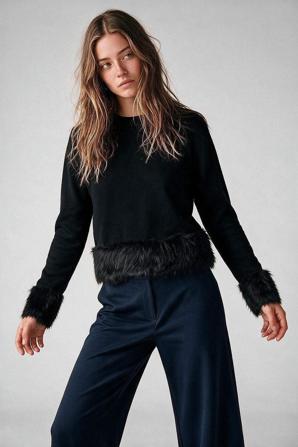 Black Soft Knit Faux Fur Trim Cropped Sweater - Jumpers